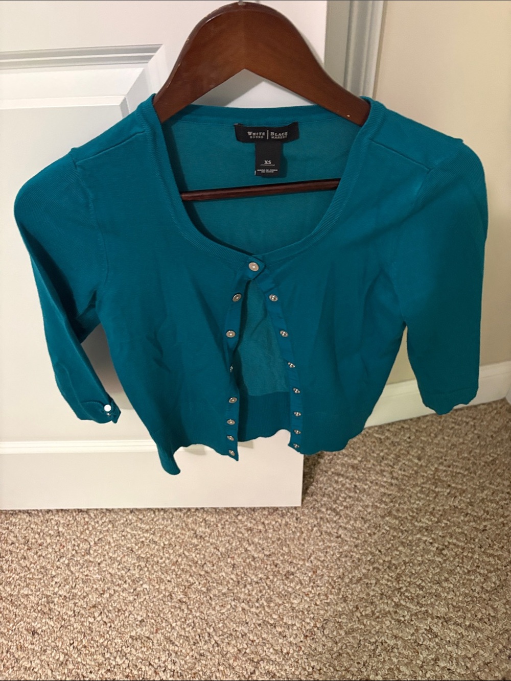 White House Black Market Teal Snap-Front Cropped Sweater